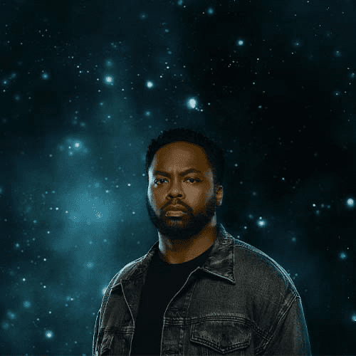 A man with beard and jacket standing in front of a space background.